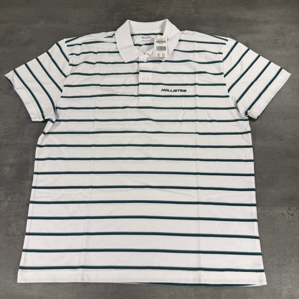 Hollister Polo Shirt Mens Medium Relaxed Fit White Green Blue Striped Logo NEW